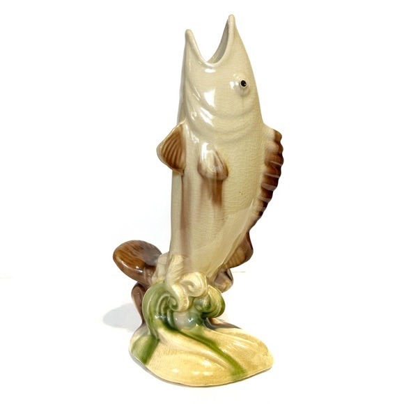 Vintage Leaping Fish Ceramic Vase 10 Inch Crazing Marked H 54 Beige Brown Asian - Picture 3 of 12